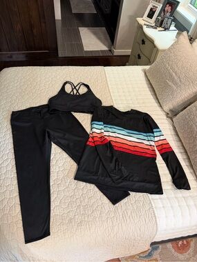 Black Active Set with Striped Pullover and Crisscross Sports Bra